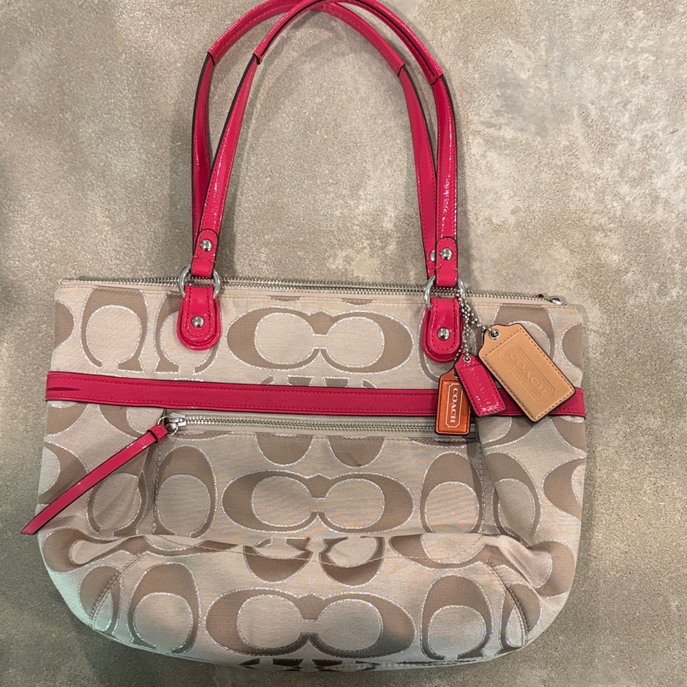 Coach Beige Signature Canvas Tote with Pink Trim